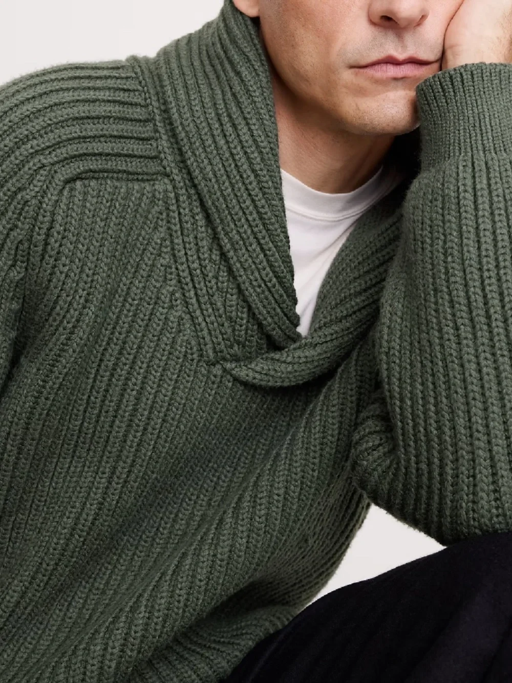 Banana Republic Ribbed Shawl Collar Sweater Men’s Green Cotton Blend Cozy Knit